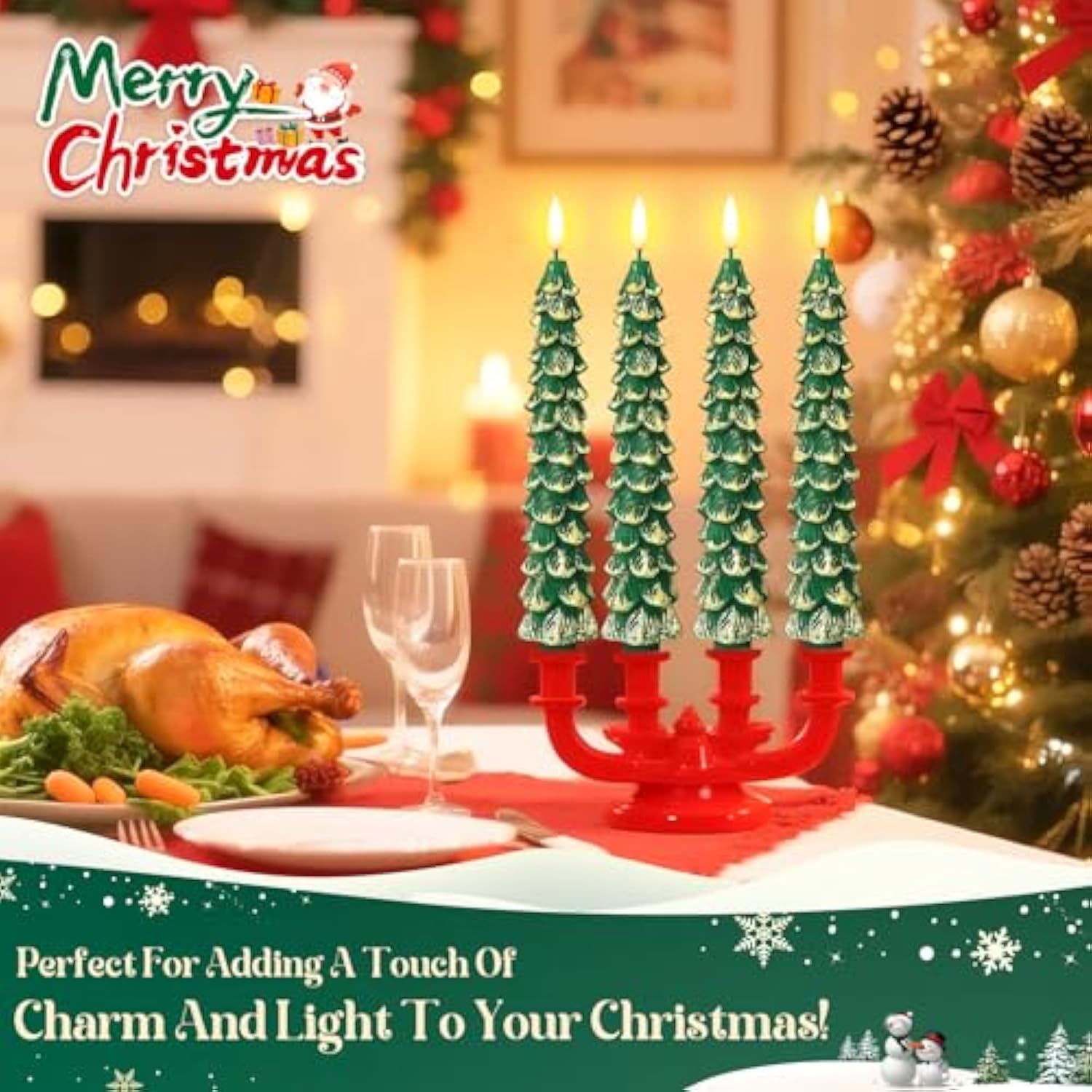 3 Pcs Christmas Tree Flameless Taper Candles Battery Operated With Remote And Timer, Real Wax Led Candles, Warm 3D Wick Flickering Lifelike Leaves, Xmas Dinner Holiday Decoration (Green,Gold)