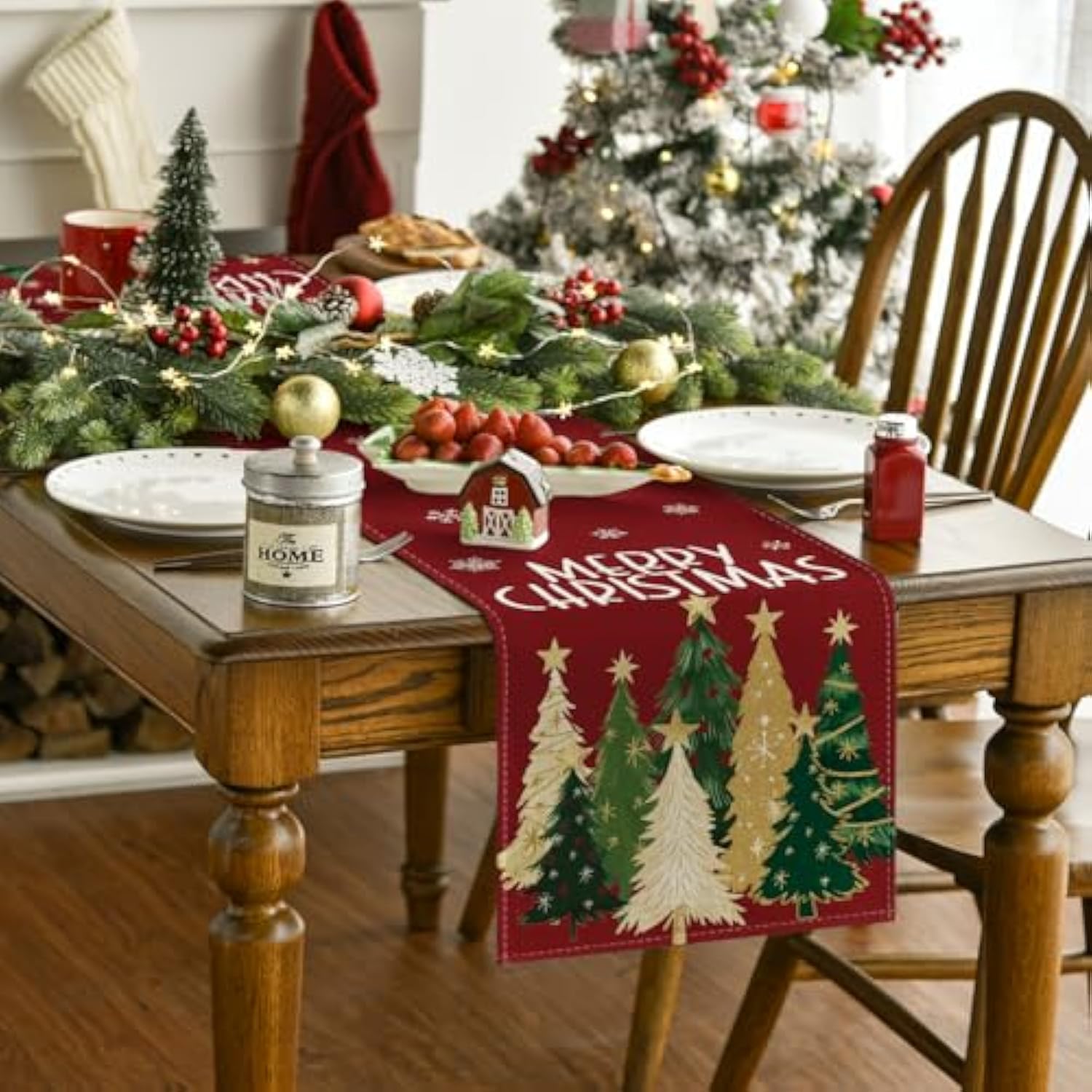 Xmas Trees Snowflakes Red Merry Christmas Table Runner, Winter Seasonal Kitchen Dining Table Decoration For Home Party Decor 13X36 Inch