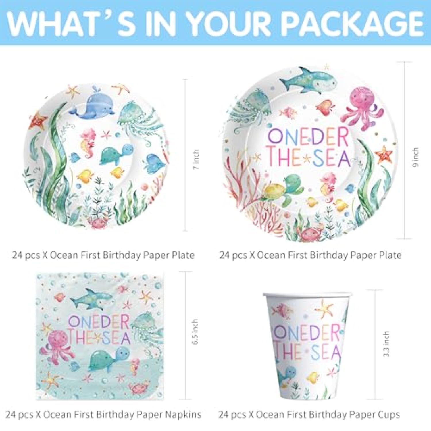 Oneder Sea First Birthday Decorations Tableware, Ocean Theme Under The Sea Party Decorations For 1St Birthday, Paper Plate, Cup, Napkin, Tablecloth, Cutlery, Serves 24