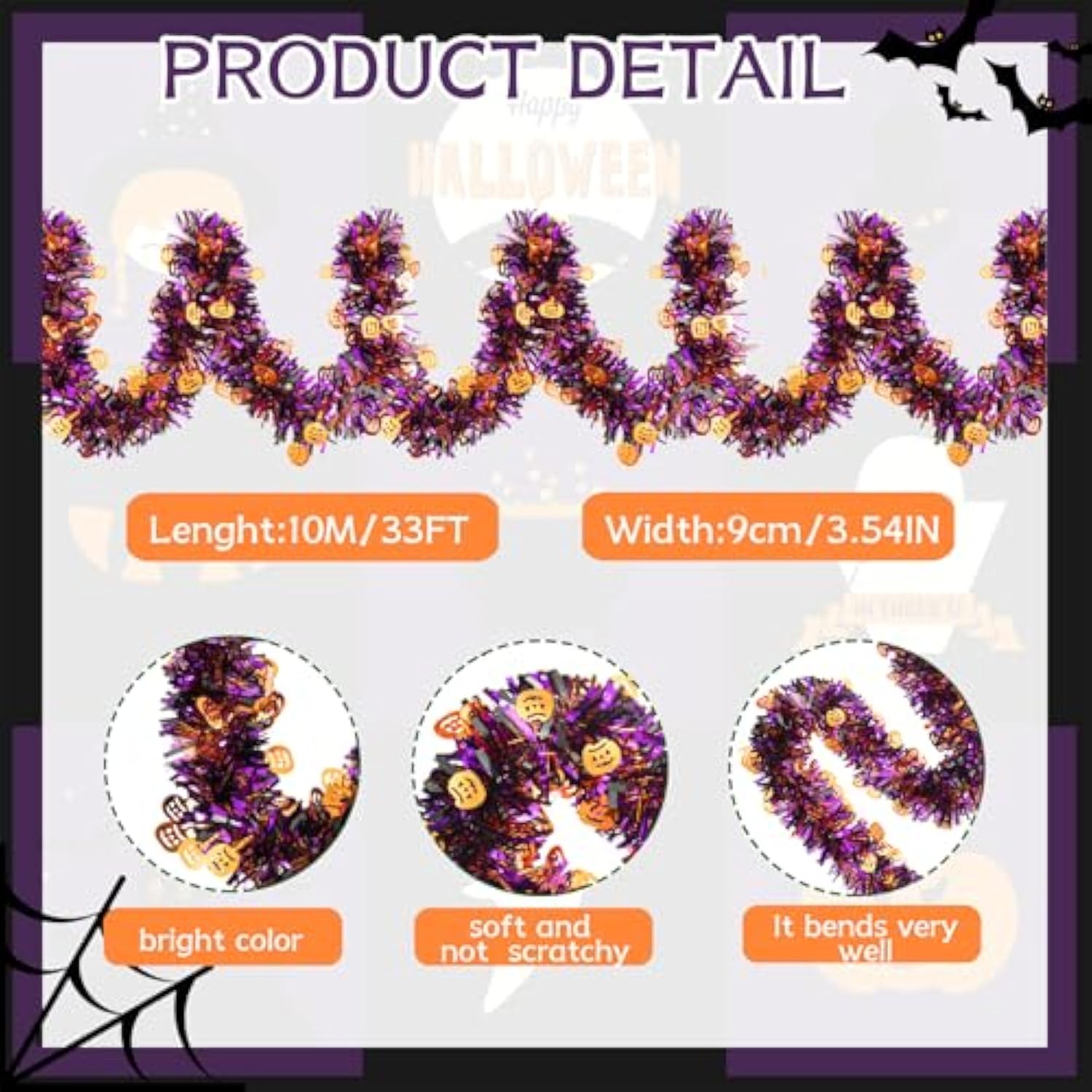 33Ft Halloween Tinsel Garland, Pumpkin Metallic Twist Foil Tinsel Garland Pumpkin Shiny Hanging Decorations For Halloween Party Decoration Supply