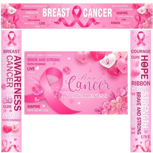 4 Pcs Breast Cancer Awareness Banner Decorations, Pink Ribbon