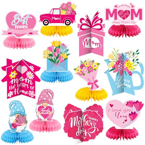 12 Pcs Mother's Day Decorations Honeycomb Centerpieces 3D Mothers Day Table Centerpiece Flower Heart Honeycomb Table Decorations for Mom Home Office Birthday Supplies Decor