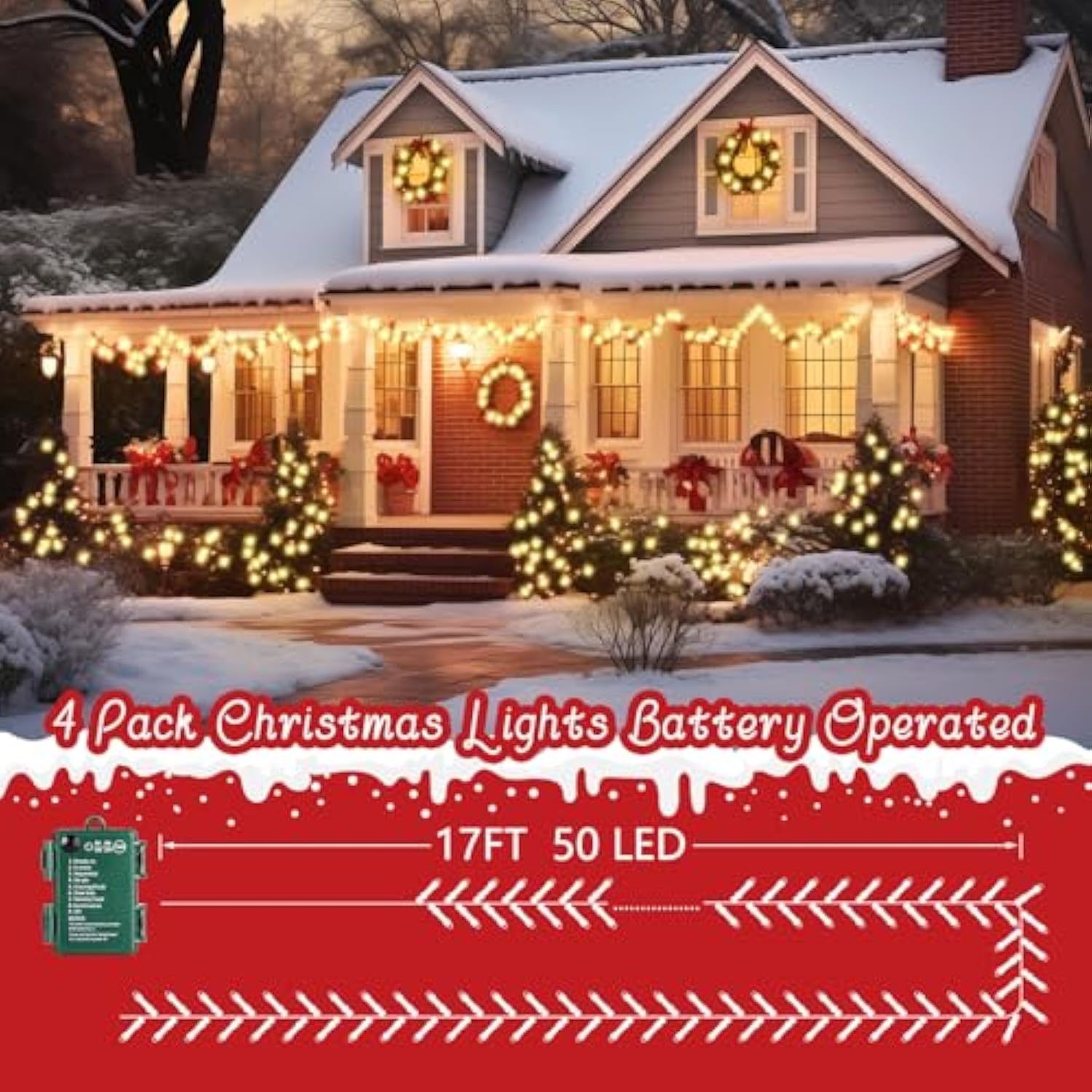 Christmas Lights Battery Operated, 4 Pack Total 66 Ft 200 Led Battery Powered Fairy Lights With Timer,8 Mode, Waterproof