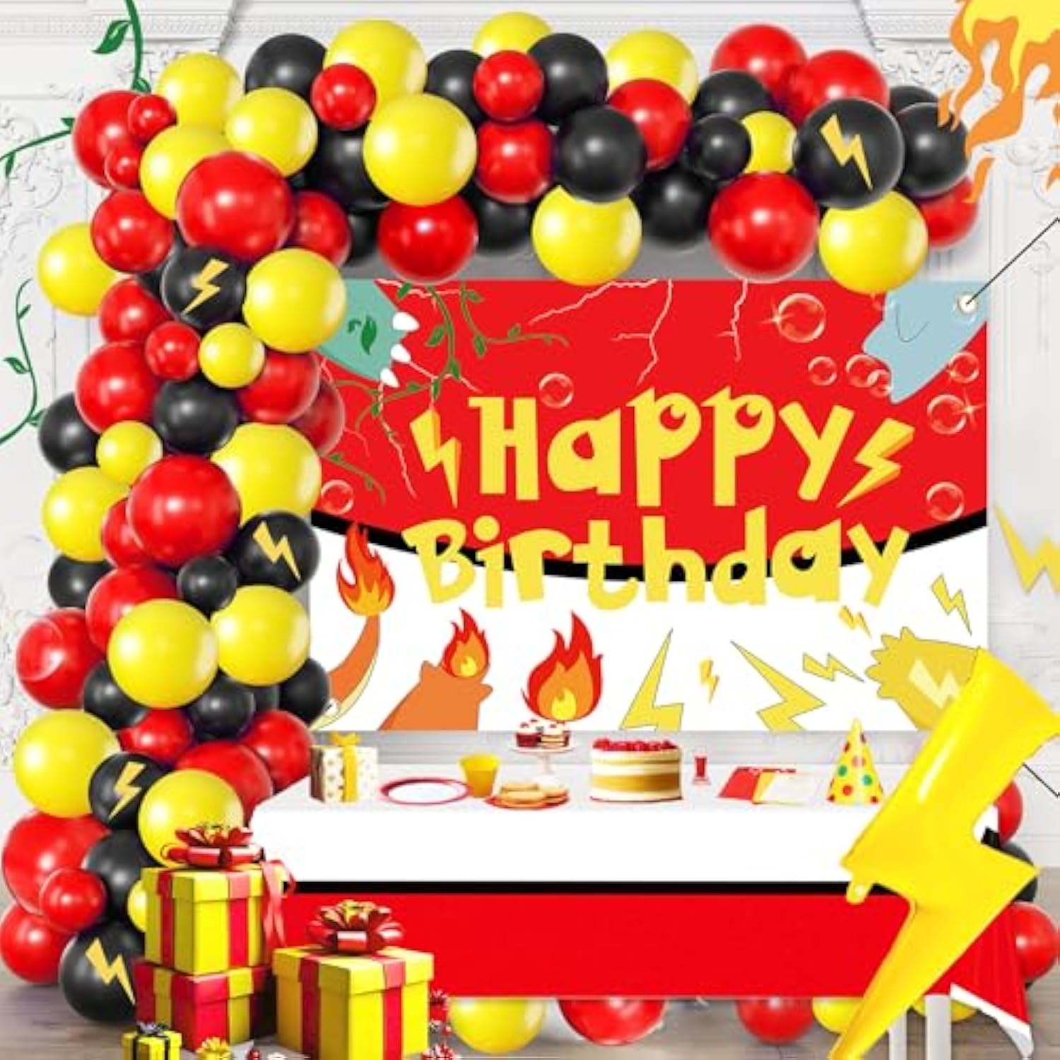 Red Black Yellow Balloon Garland Arch Kit with Lightning Star Balloons for Parties