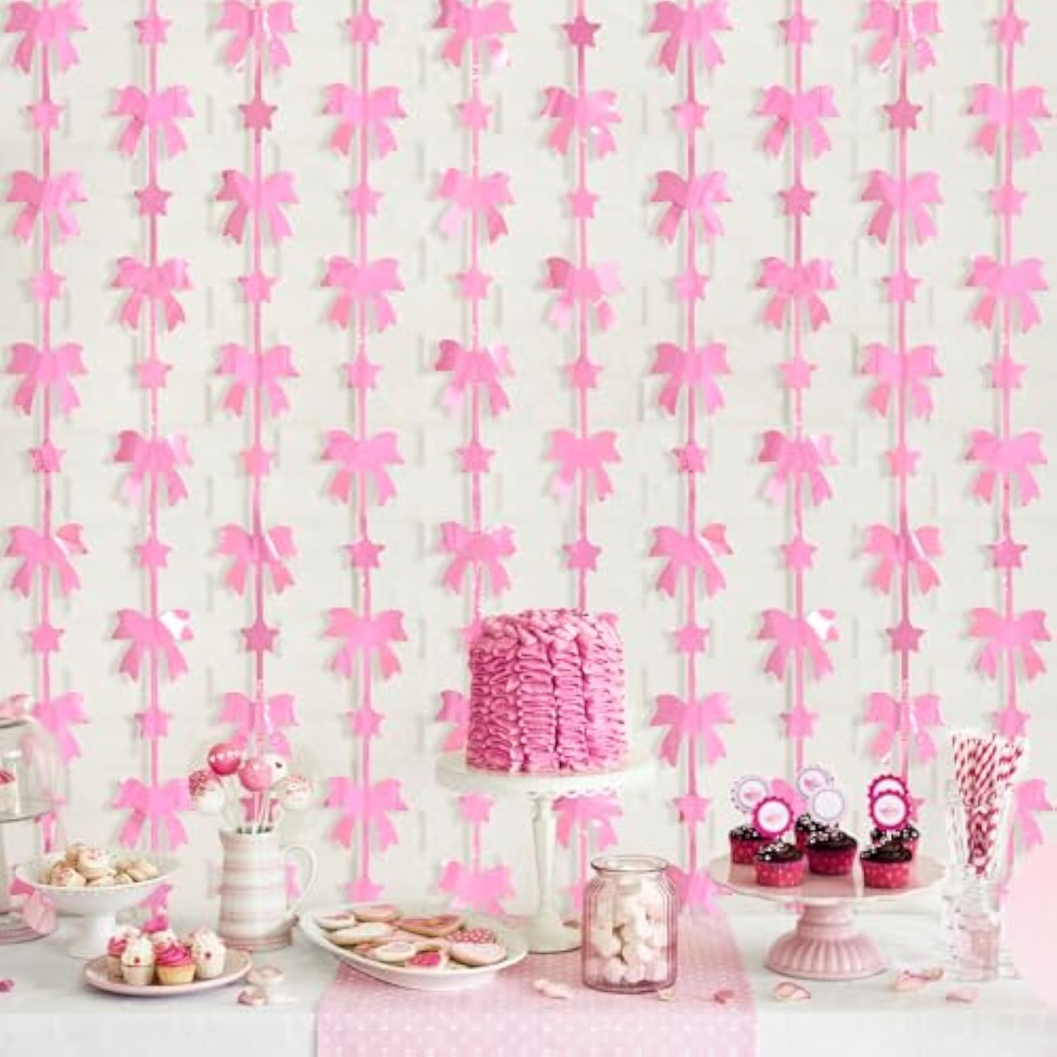 2 Pack Pink Bow Party Decorations, Foil Fringe Curtains & Photo Booth Backdrop for Girls