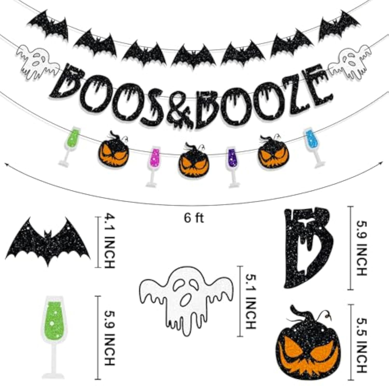 Pre Strung Boos and Booze Banner Halloween Party Decorations with Ghost Bat Witches