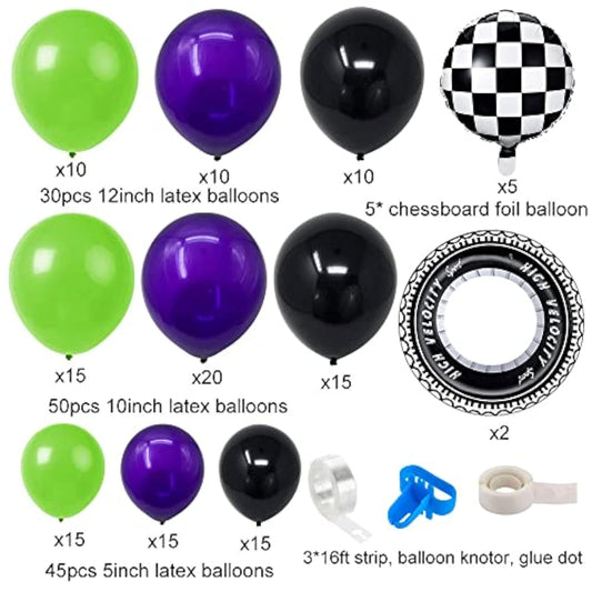 Monster Truck Theme Balloon Garland, 132Pcs Black Green Dark Purple Balloon Arch With Car Wheel Balloon, Chessboard Foil Balloons For Monster Jam Theme Birthday, Baby Shower, Race Car Birthday Party