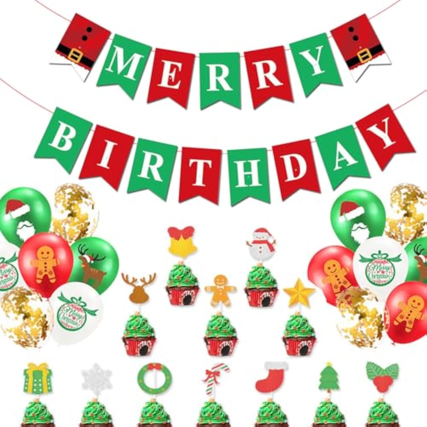 Merry Christmas Themed December Xmas Party Supplies - Happy Birthday Banner, Red And Green Glittery