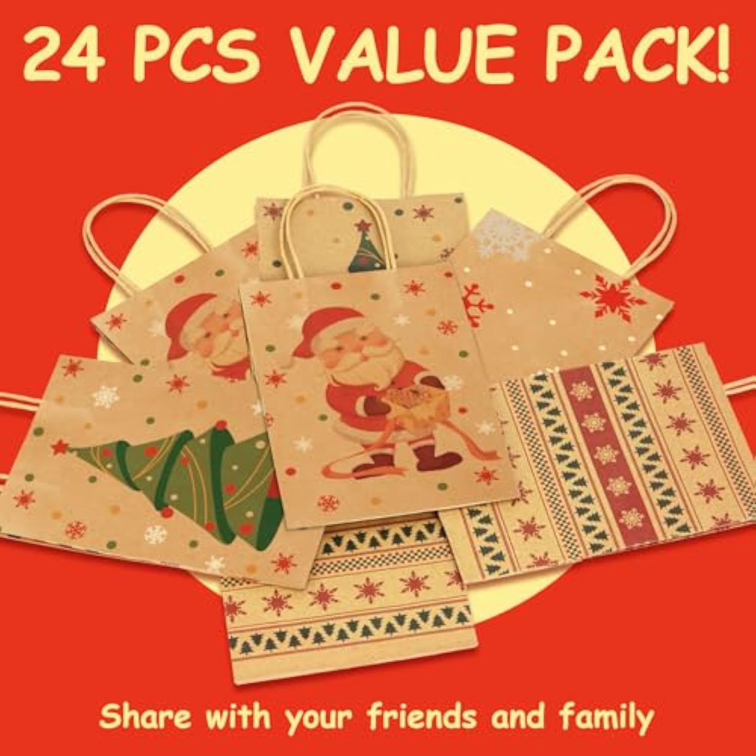 24 Pcs Small Christmas Gift Bags With Handles, 4 Designs Xmas Kraft Paper Bags For Christmas Goody Bag, Party Favors (5.8 X 3.2 X 8.25)