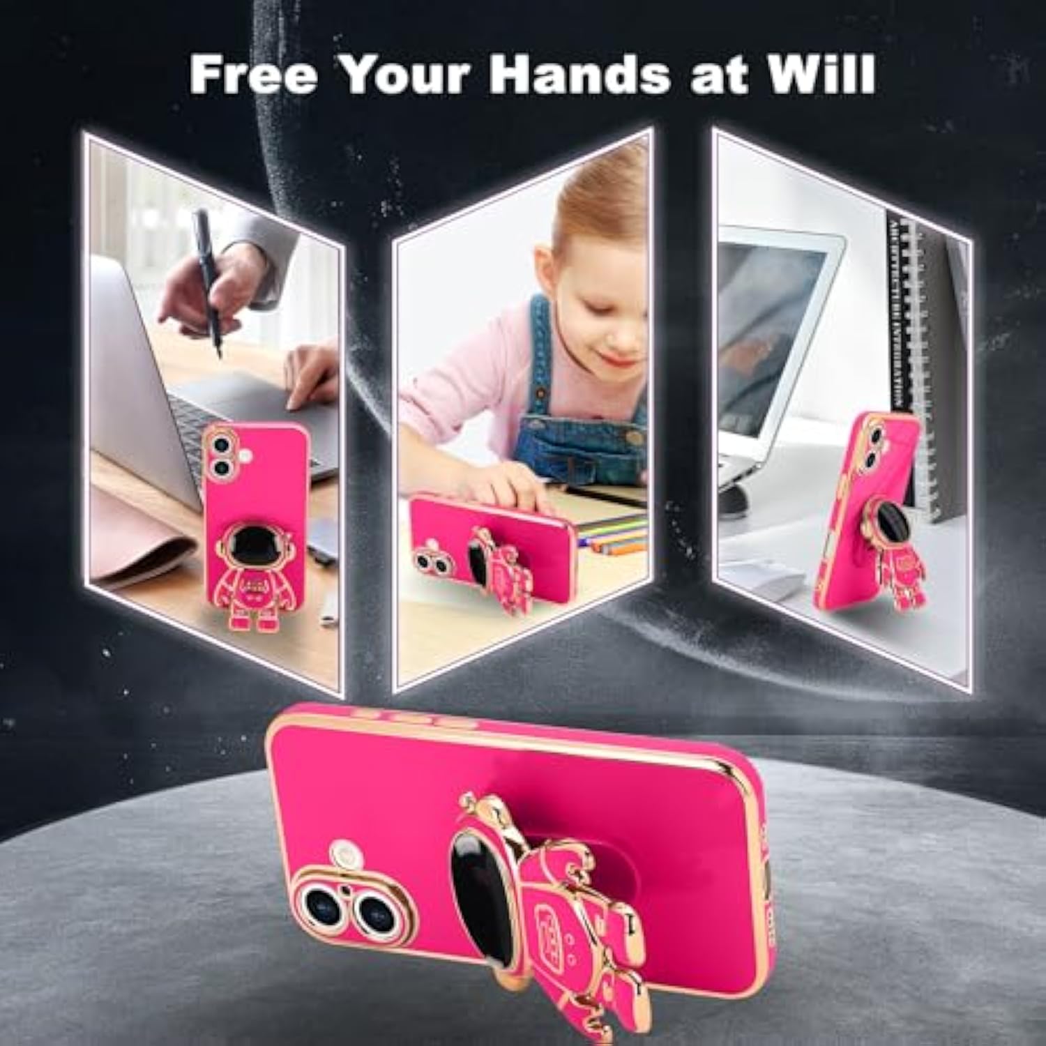 iPhone 16 Plus Case, 3D Astronaut Stand, Camera Protection, Kickstand, Hot Pink