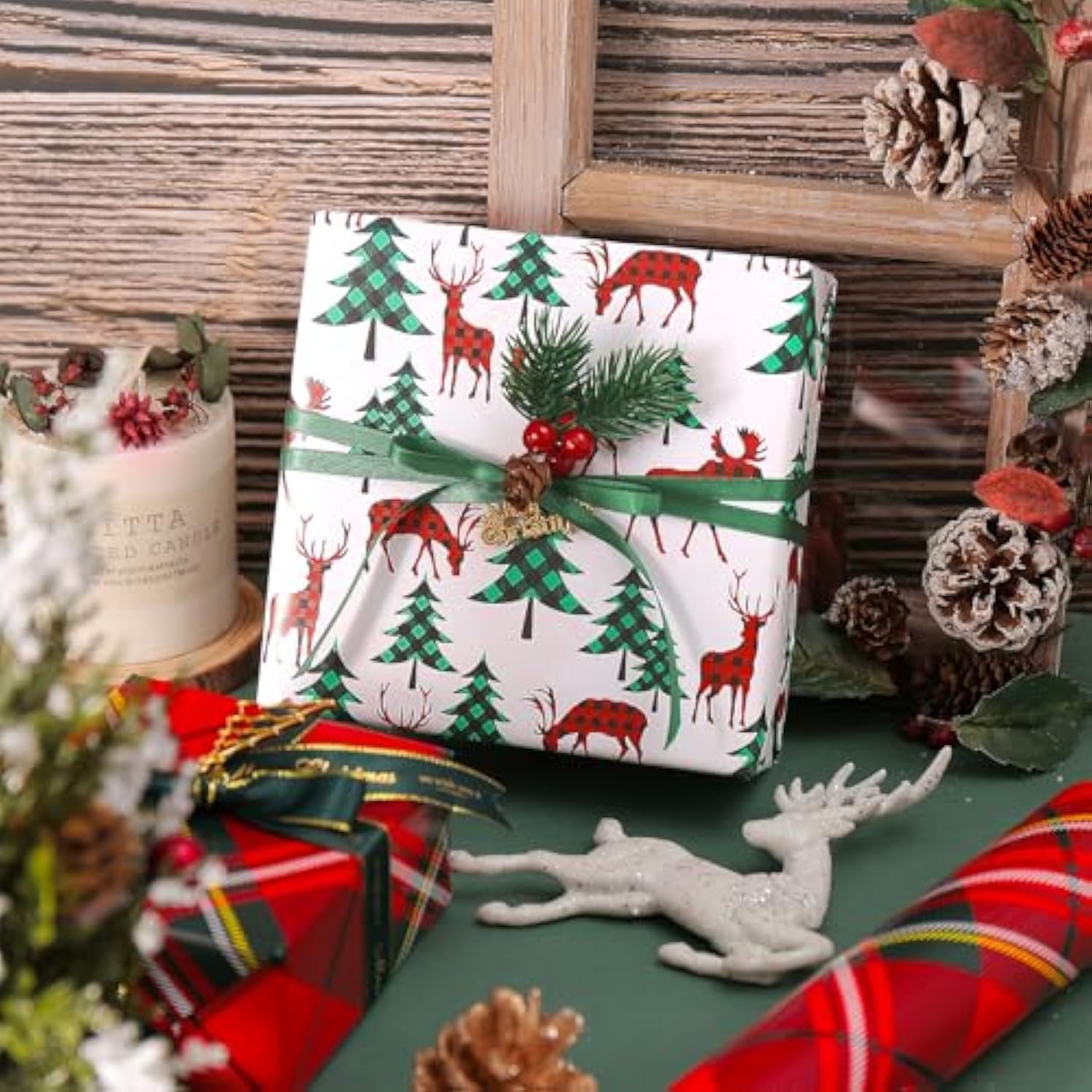 Christmas Reversible Wrapping Paper Roll, Mini Roll, Classic Red Green Tartan Plaid Design And Cute Reindeer With Christmas Tree Pattern Gift Wrap For Holiday Gifts, 17 Inches X 32.8 Feet