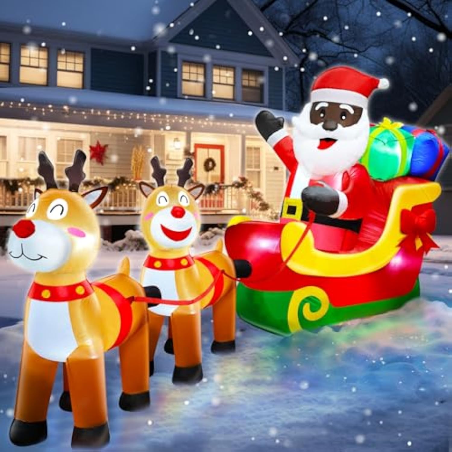 8 Ft Long Christmas Inflatables Black Santa Claus On Sleigh With Reindeer & Gift Boxes Xmas Blow Up Built-In Led Lights