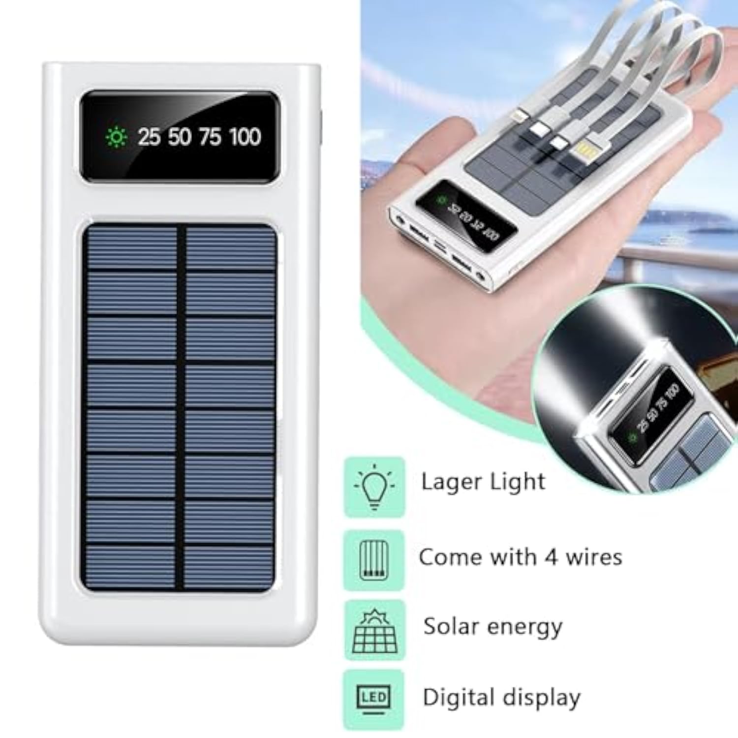 Power-Bank - 20000Mah Portable Charger,Solar Power Bank,Camping External Backup Battery Pack,Fast Solar Panel Charger With Dual Flashlight And 4 Usb Cables (White)