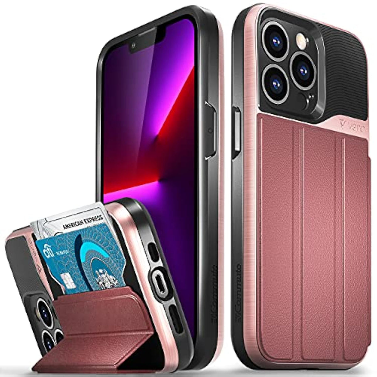 VENA Wallet Case Compatible with Apple iPhone 13 Pro (6.1"-inch), vCommute (Military Grade Drop Protection) Flip Leather Cover Card Slot Holder with Kickstand (Rose Gold)