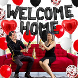 Black & Red Welcome Home Balloon Set – Banner, Confetti and Heart Balloons for Party Decor