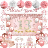 13Th Birthday Decorations For Girls, 13 Birthday Girl Decorations Include Official Teenager Decorations Banner, Backdrop, Hanging Swirls, Balloons, Paper Pompoms, Crown And Sash