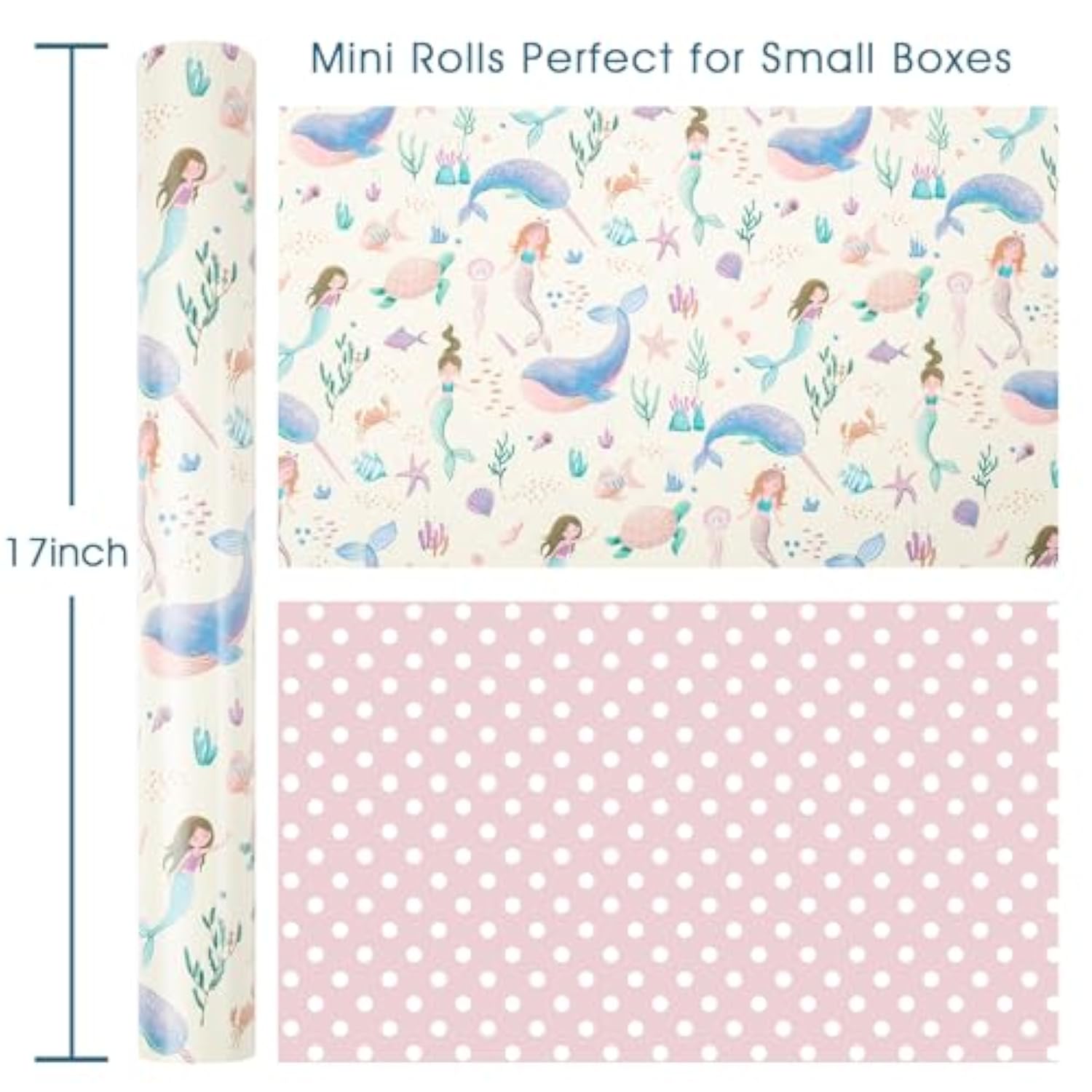 Reversible Mermaid Wrapping Paper Roll,Metallic Foil Whale,Turtle And Sea Creature With Pink Polka Dot For Kids,Girlsbirthday,Baby Shower,Mini Roll (17 In X 32.8 Ft)