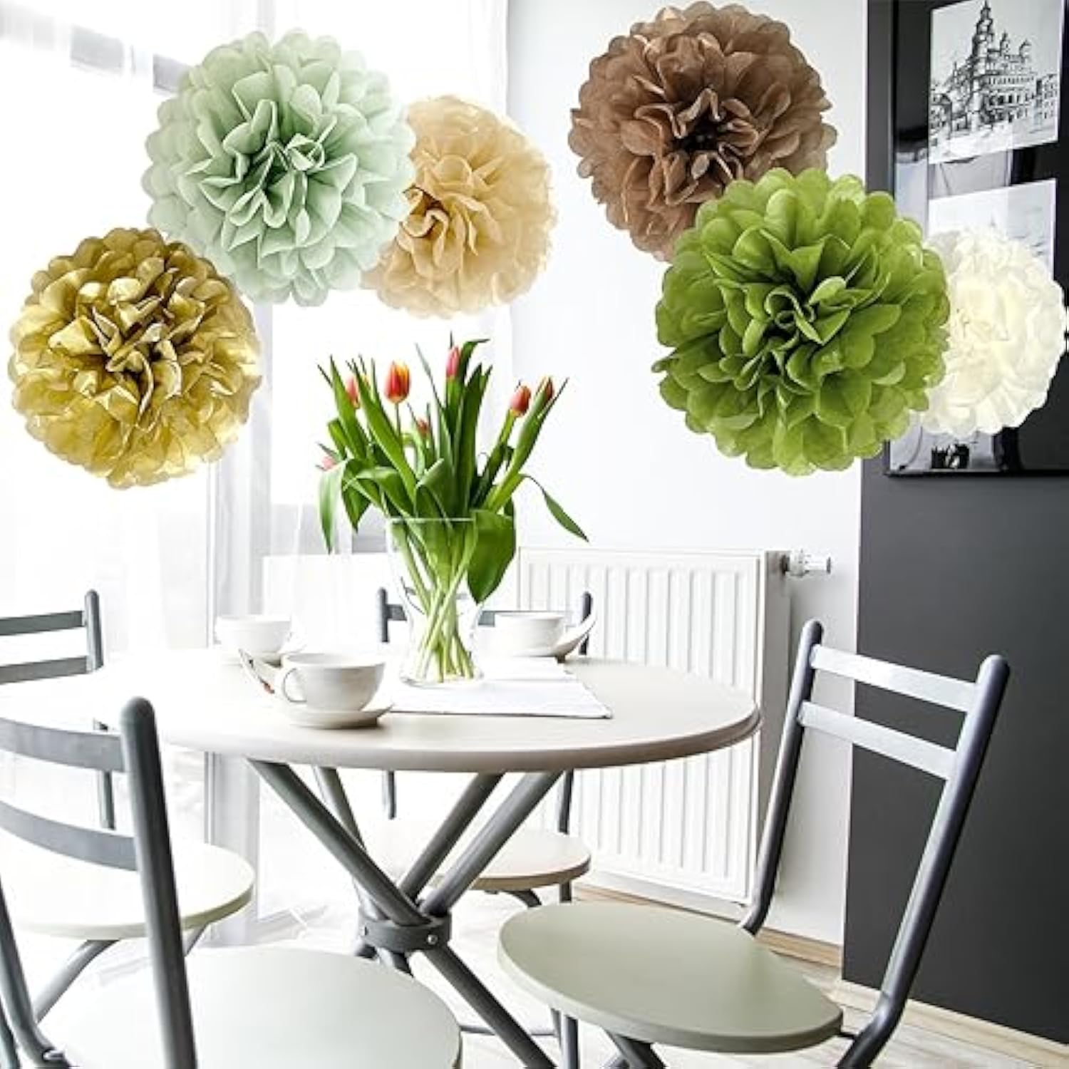 Sage Green Brown Gold Tissue Paper Pom Poms Party Decorations Olive Tan Ivory Flowers Wall Hanging Décor Jungle Safari Woodland Wild Table Centerpieces Supplies Birthday Bridal Baby Shower