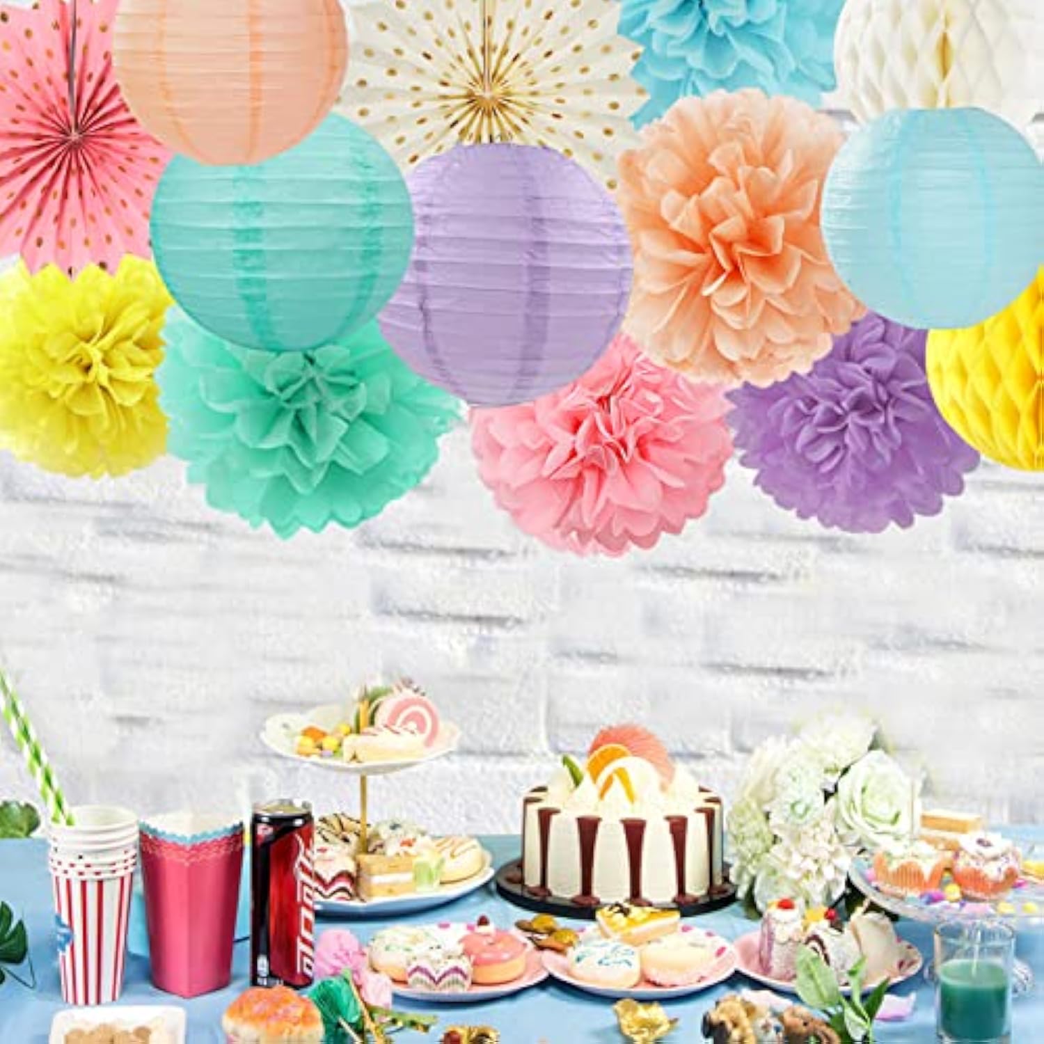 Pastel Rainbow Party Decorations Streamers - 14Pcs Boy Girl Kids Birthday Supplies,Pink Yellow Blue Paper Lanterns Fan,Tissue Pom Poms,Honeycomb Balls, Baby Shower Wedding Decor