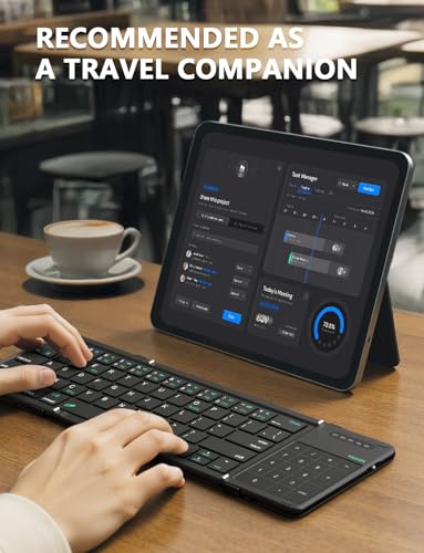 Bluetooth 5.0 Foldable Keyboard With Trackpad & Numpad, Full-Size Travel Portable Keyboard For Ipad Tablet Laptop Pc Smartphone Windows Ios Android, Triple Device Pairing, Khaki