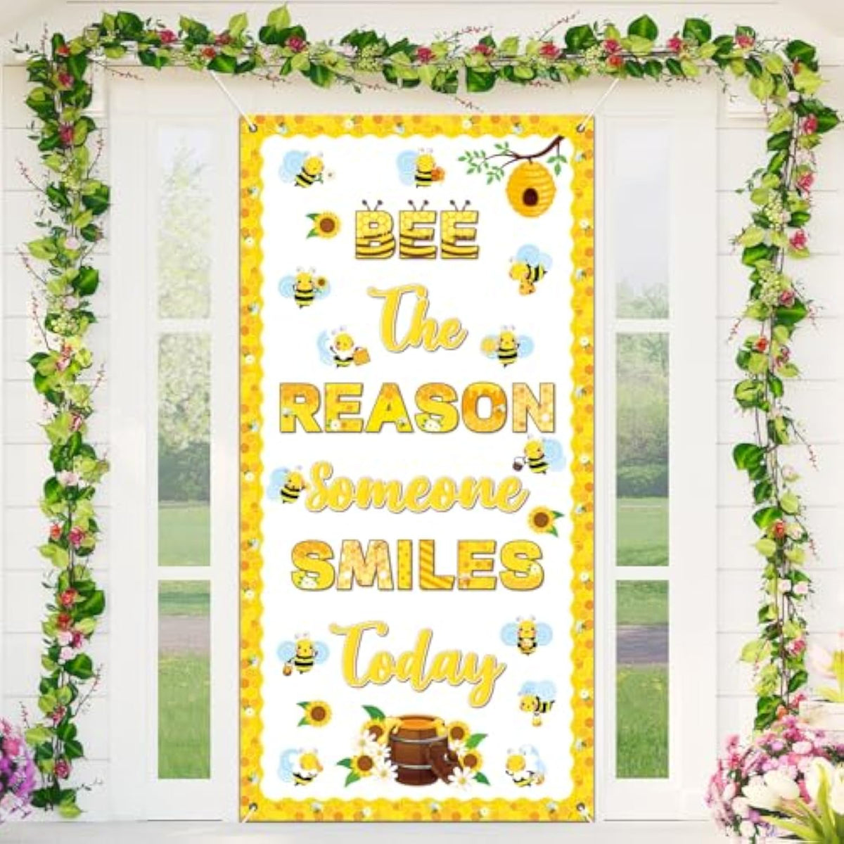 Spring Bee Classroom Decorations Door Cover Motivational Be The Reason Someone Smiles Door Banner Honeybee Sunflower Butterfly Flower Hanging Banner Backdrop For Summer School Home Wall Party Supplies