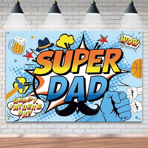 Happy Father's Day Banner Backdrop Super Dad Theme Background Decor for Happy Father's Day Festival Party Celebration Photography Photo Prop Decorations Supplies 72x43in-