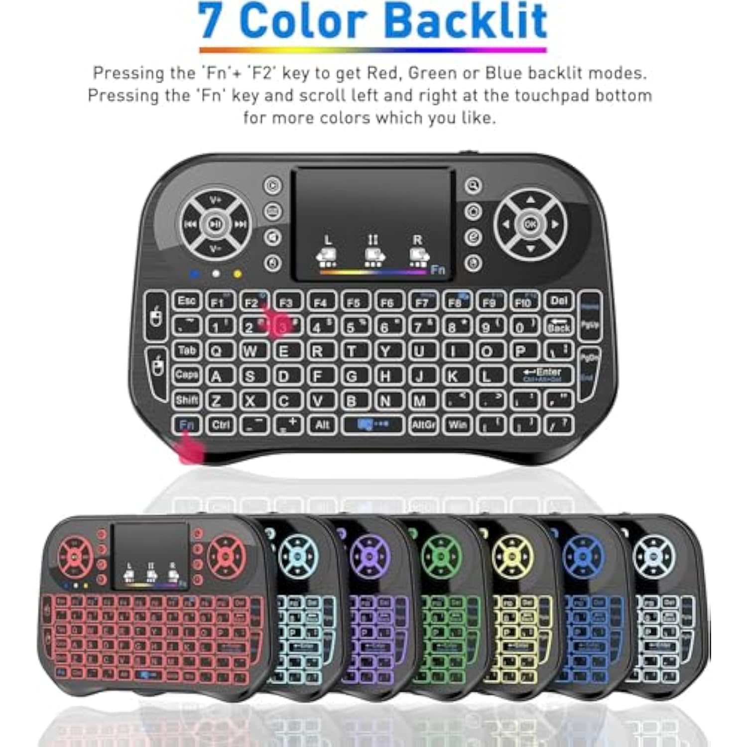 Mini Wireless Keyboard With Touchpad Mouse Combo, 7 Colors Rgb Backlit, Portable 2.4 Ghz Mini Keyboard With Rechargable Li-Ion Battery For Android Box, Smart Tv, Pad, Pc, Htpc, Tablet And Windows Os