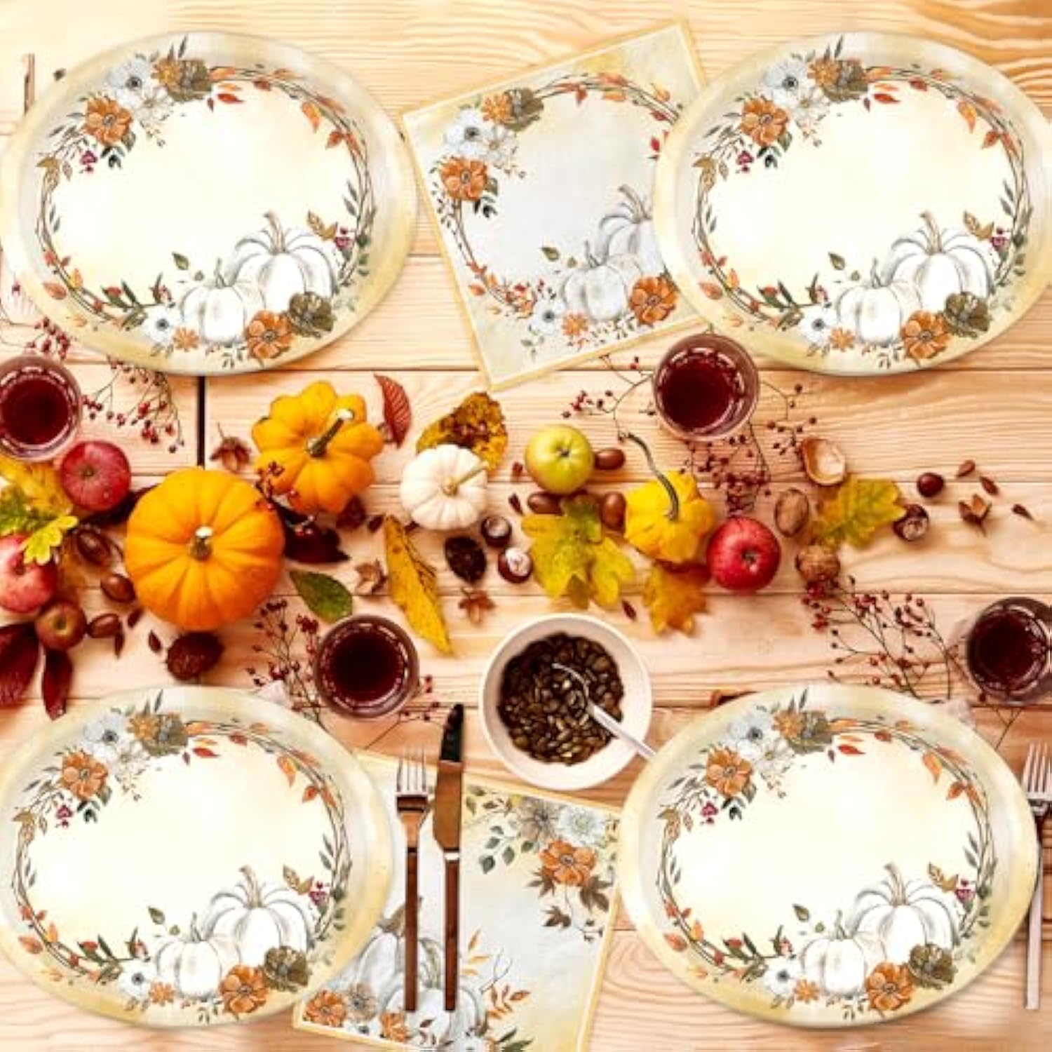 White Pumpkin Paper Plates And Napkins Serve 50, Boho Oval Fall Plates 10" X 12" With 6.5" Napkins Floral Autumn Tableware Fall Party Decorations For Birthday Baby Shower Bridal Shower Thanksgiving