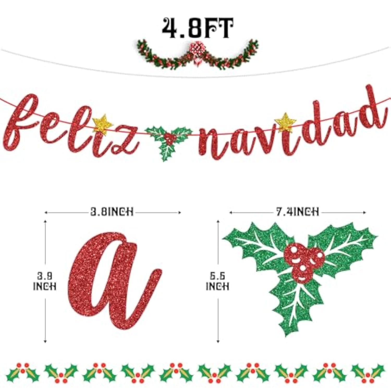 Red Glitter Feliz Navidad Banner - Spanish Christmas Holiday Bunting Garlands- Festive Party Decor/Winter Mantle Home Decor/Xmas Party Decoration Supplies