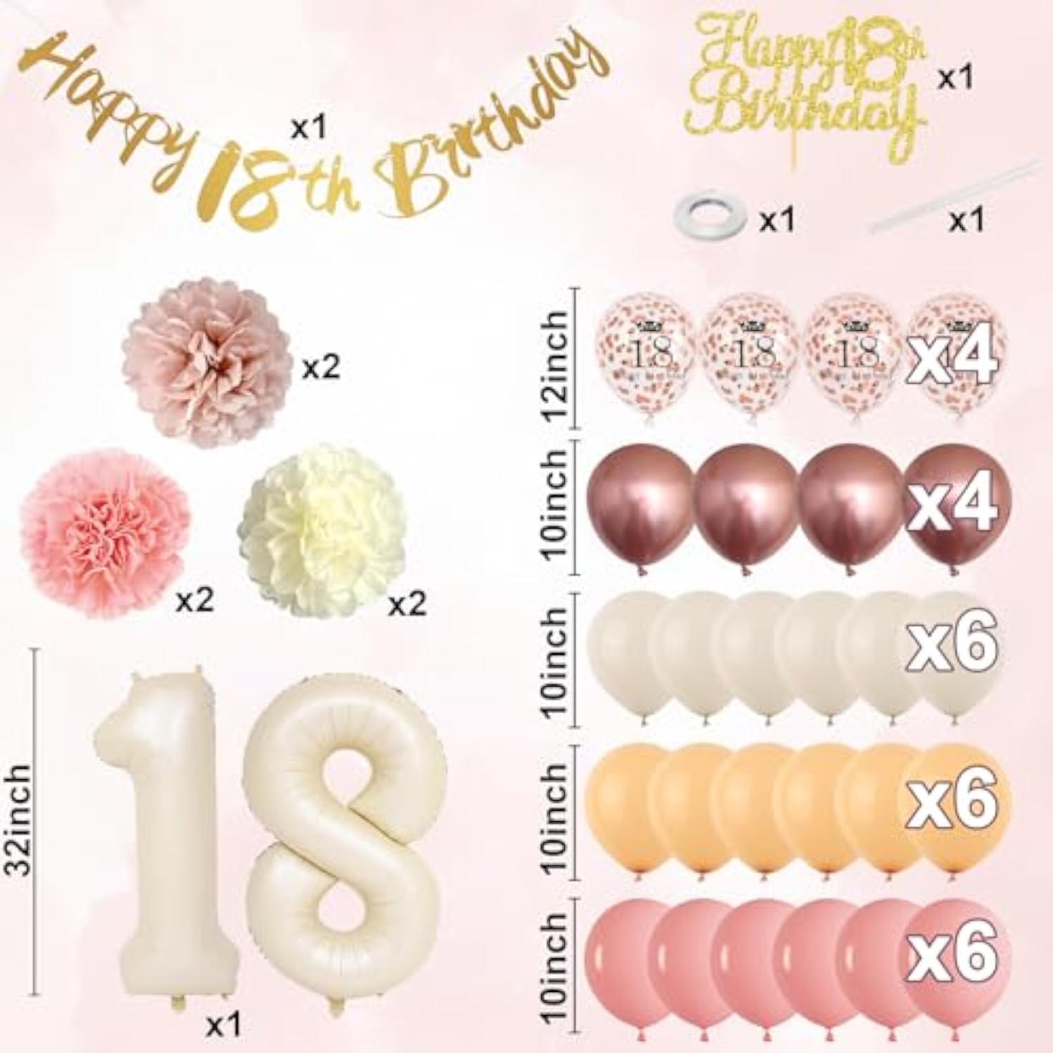 18Th Birthday Decorations For Girl Retro Blush Pink Birthday Balloons Happy 18Th Banner Cake Topper Pom Poms Dusty Rose Gold Number 18 Balloon For Her 18 Year Old Bday Party Decoration Supplies
