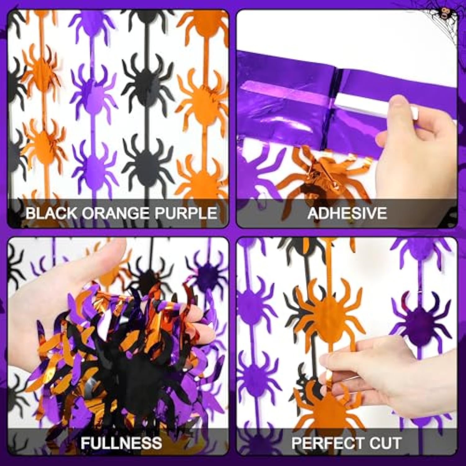 2 Pack Halloween Spider Foil Fringe Curtains 3.3x6.6ft Backdrop Orange Purple Black