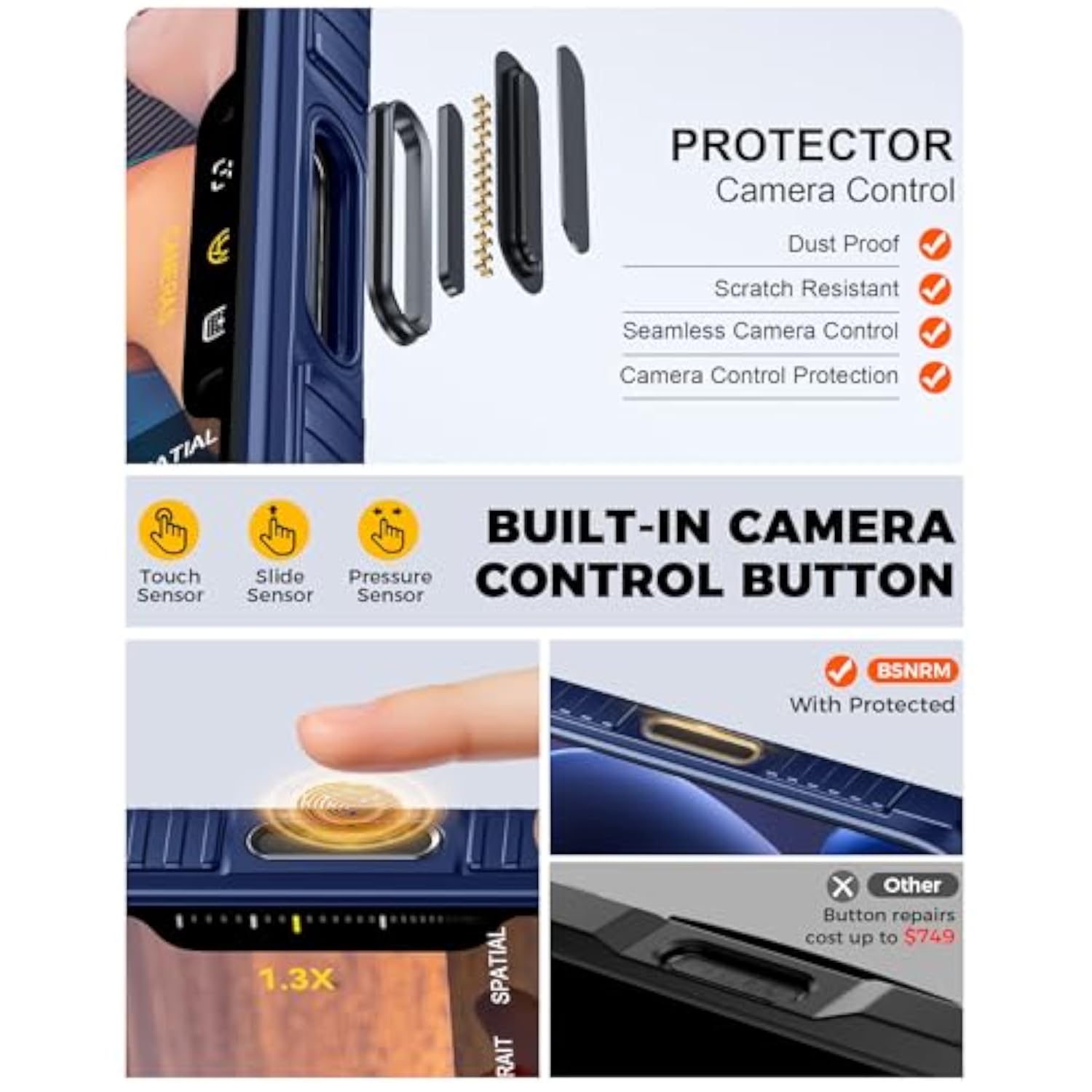 iPhone 17 Pro Max Rugged Silicone Case with Built-in RFID Blocking Card Holder and Camera Control Button, Blue