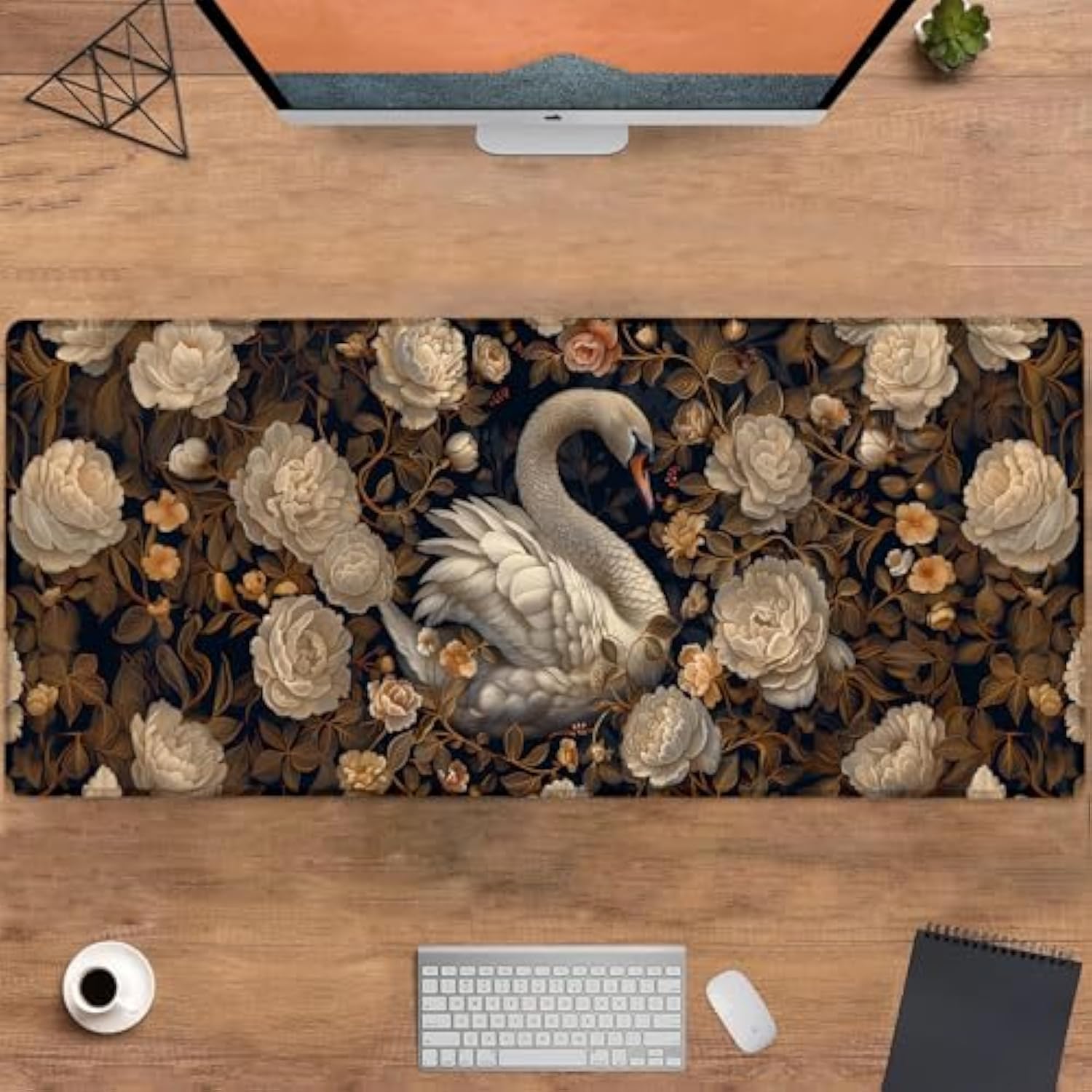 Elegant Swan Gaming Mouse Pad, Large Office Desktop Delicate Flower Mousepad For Computer Laptop, Extended Work Desk Mat With Anti-Slip Base, Decorative Desk Pad 31.5×11.8 In