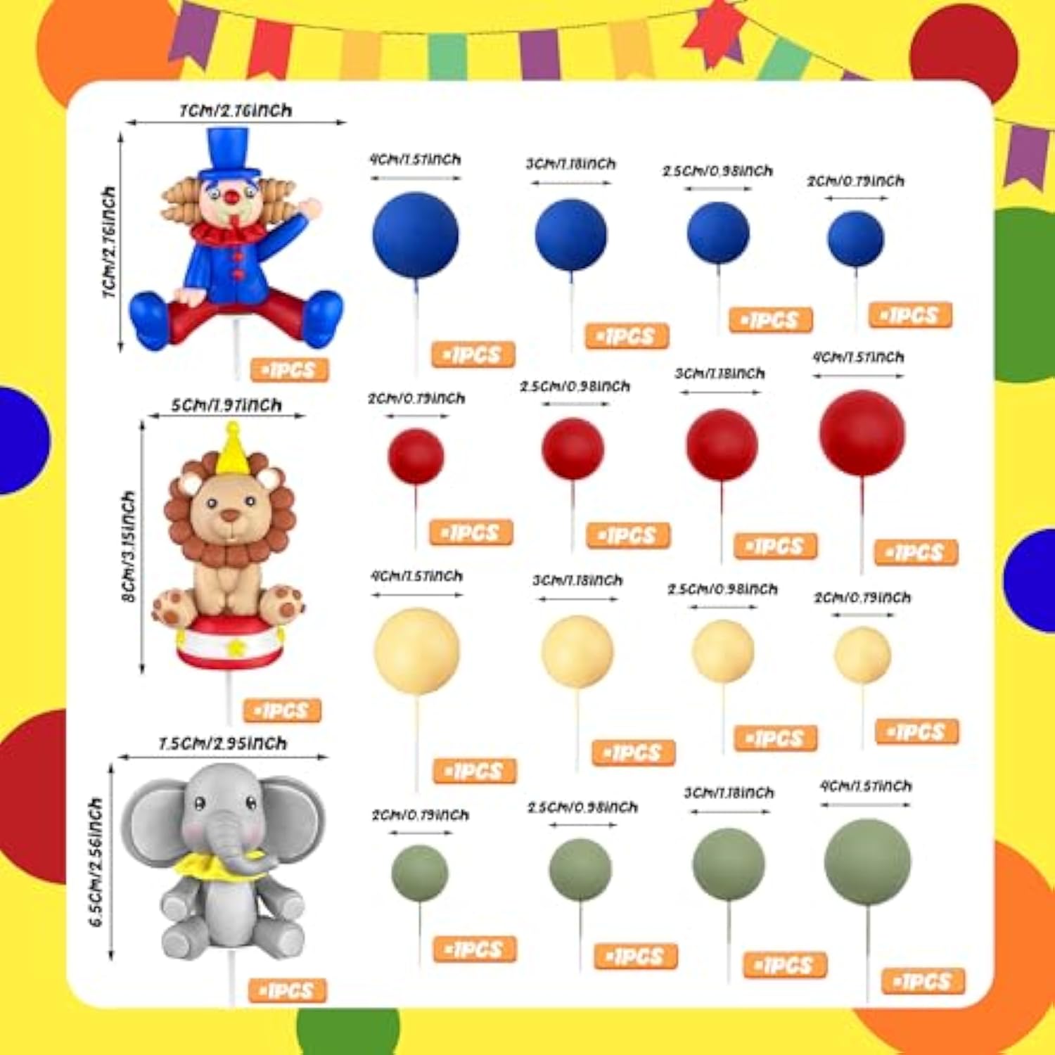 19 Pc Circus Cake Decoration Balls Cake Picks for Carnival Birthday & Baby Shower