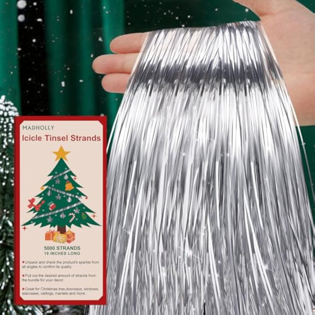 Tinsel Icicles- 5000 Strands 19" Icicle Tinsel Strands For Christmas Tree- Shiny Foil Fringes Tinsel Christmas Tree Decorations For Xmas Tree Holiday Decor Birthday Wedding Party Supplies, Silver