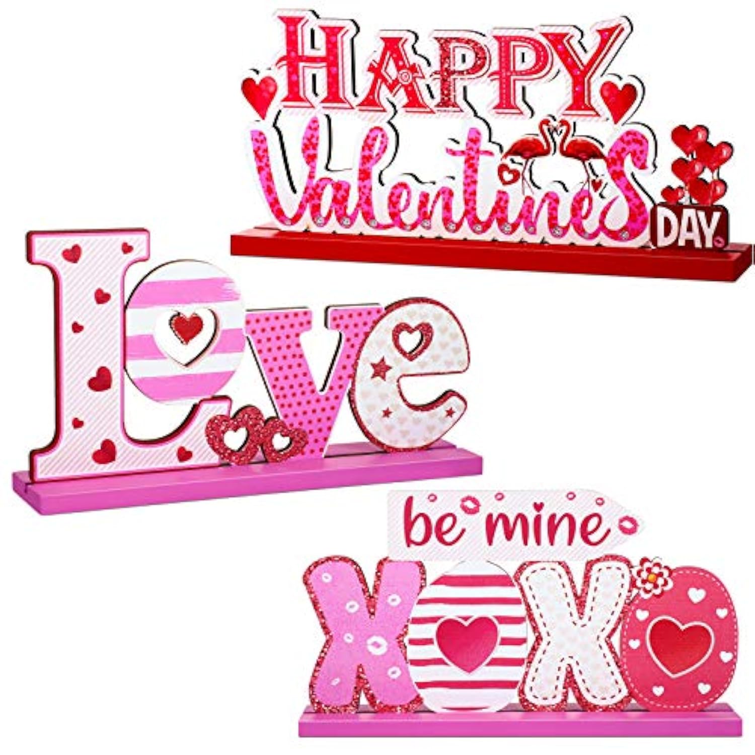 3 Pcs Valentine'S Day Wooden Table Sign Decorations For Home, Valentine Table Centerpiece For Dining Room Office Desk Tabletop Wedding Engagement Anniversary Party Supplies Gifts(Pink)