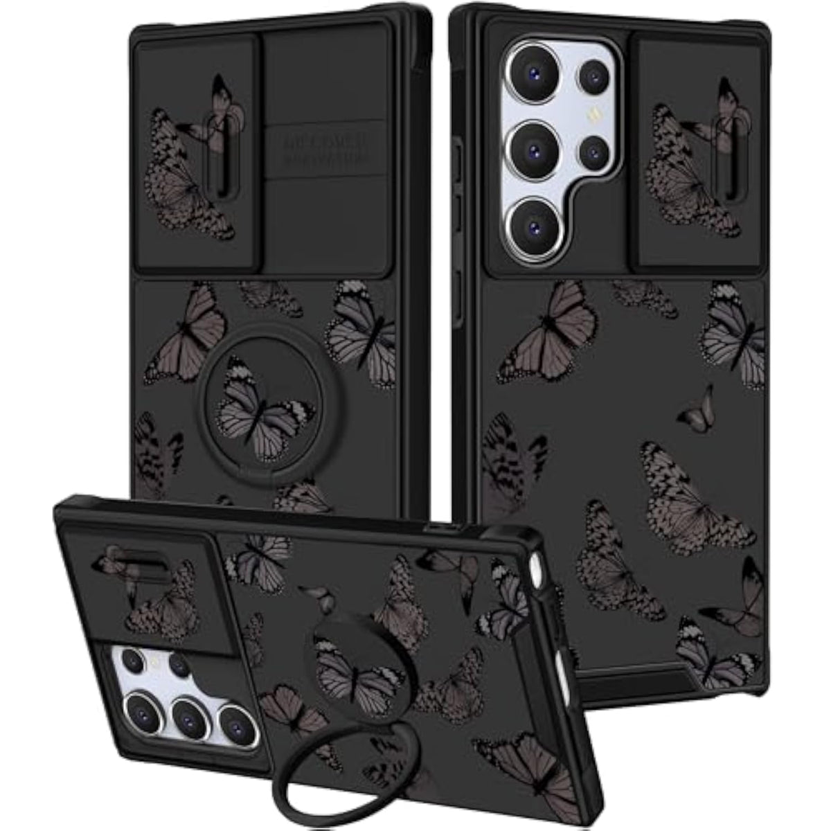 Samsung Galaxy S25 Ultra Case with Ring Stand, Black Butterfly Design, Cute Cartoon Style Phone Case