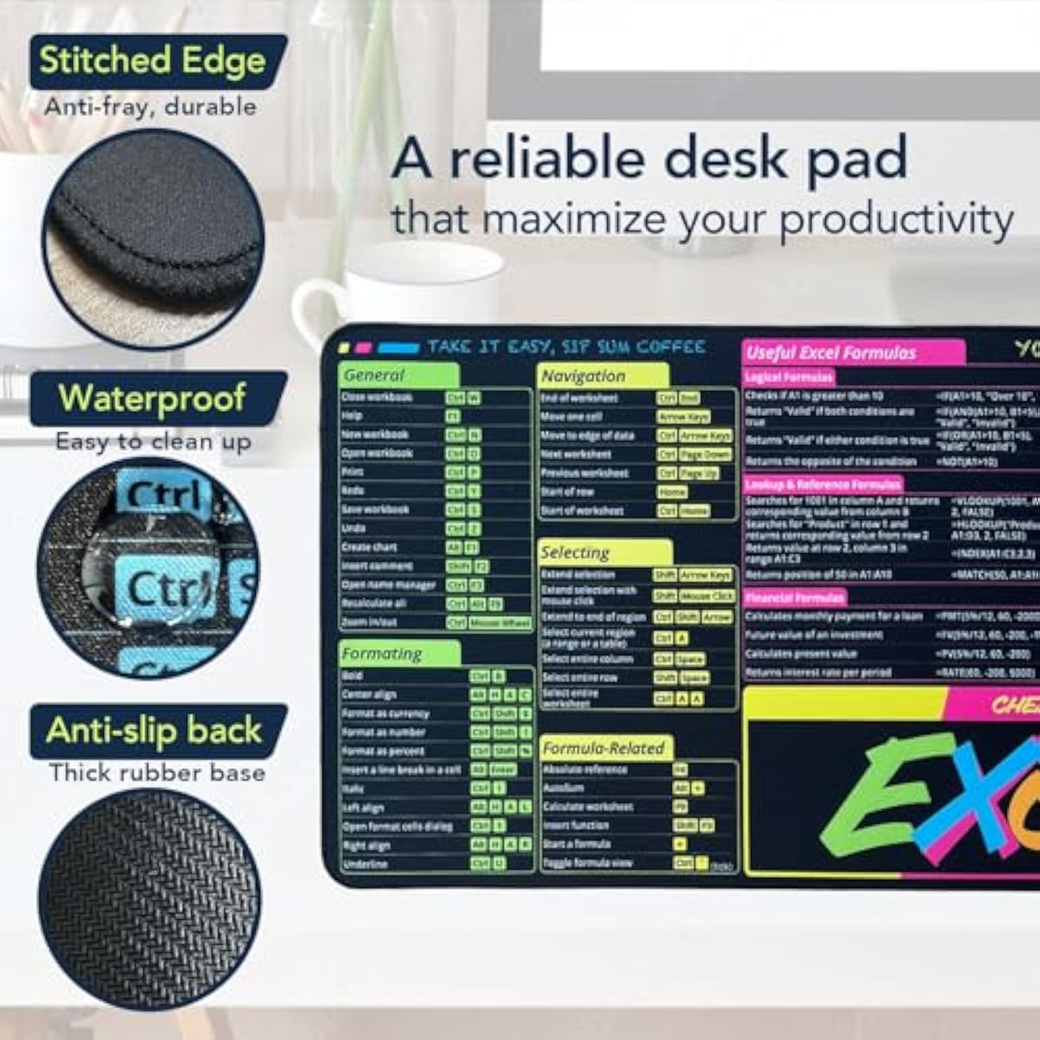 Excel Cheat Sheet Desk Pad, Large Excel Mouse Pad For Desk Water-Resistant Office Desk Mat With Stitched Edge And Anti-Slip Base (Colorful)
