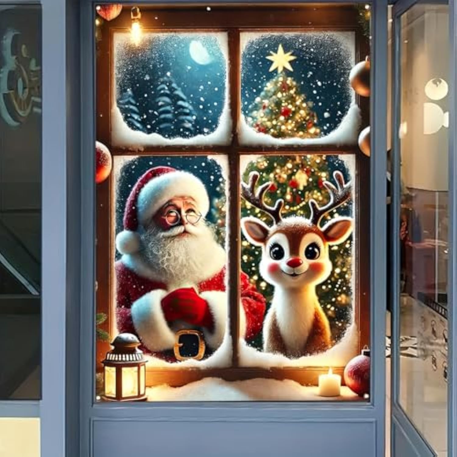 Merry Christmas Window Decorations – Cute Santa Claus And Reindeer With Snowflakes, Xmas Window Cover Banner Backdrop For Indoor Outdoor Holiday Party, Winter Home Decor, Christmas Poster 47×31 Inch