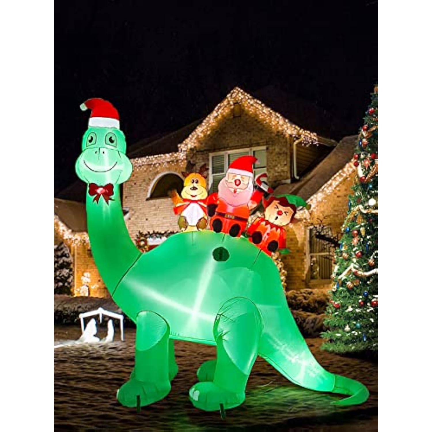 7Ft Christmas Inflatables Outdoor Decorations Dinosaur With Elk Elf Santa Claus Blow Up Yard Decorations With Built-In L