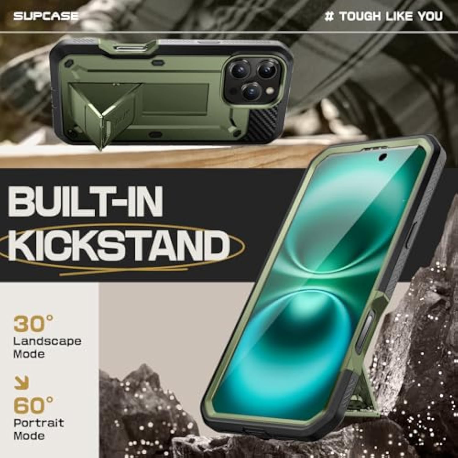 SUPCASE Unicorn Beetle Pro Case with Screen Protector, Built-in Stand & Belt-Clip, Military-Grade Protection, Full Body Heavy Duty Phone Case for iPhone 16 Pro 6.3'' 2024, Green