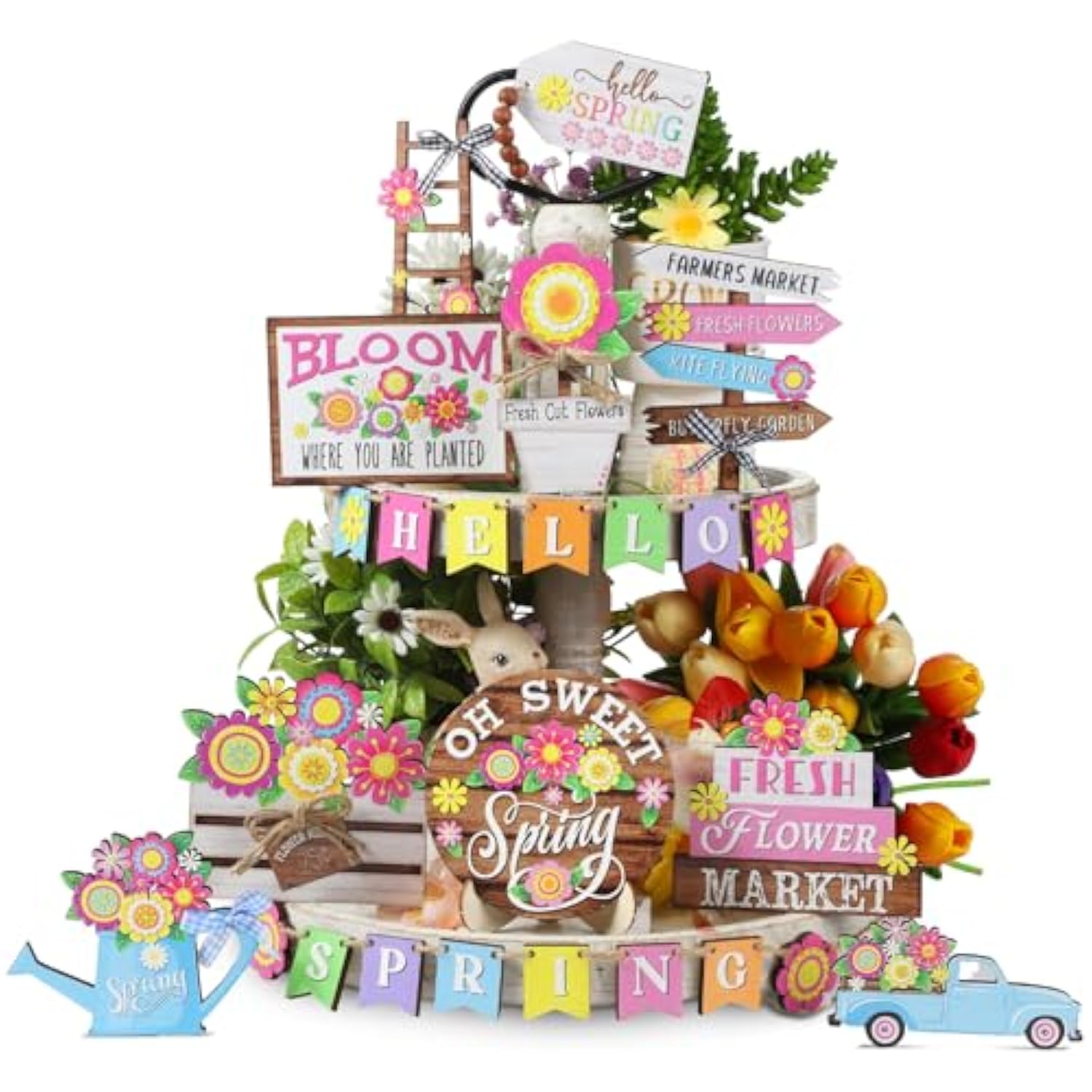 26 Pcs Spring Flower Tiered Tray Decor Set Rustic Farmhouse Spring Floral Table Home Kitchen Shelf Tabletop Centerpiece Office Decorations (Bright)