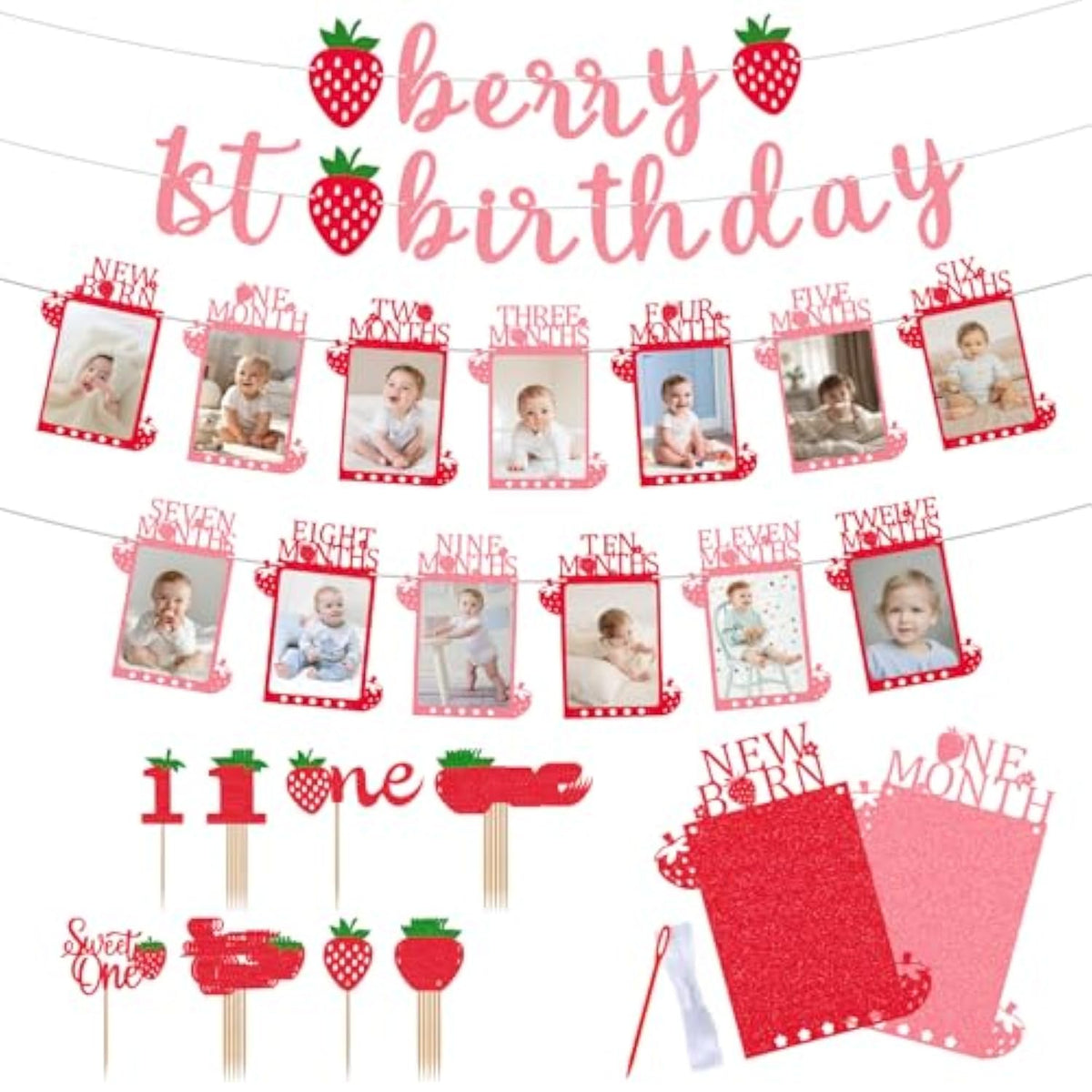 Glitter Strawberry First Birthday Photo Banner From Newborn To 12 Months Sweet One Berry 1St Birthday Party Decorations Monthly Milestone Picture Garland Banner For Girls Baby Shower, With 24Pcs Cake Toppers