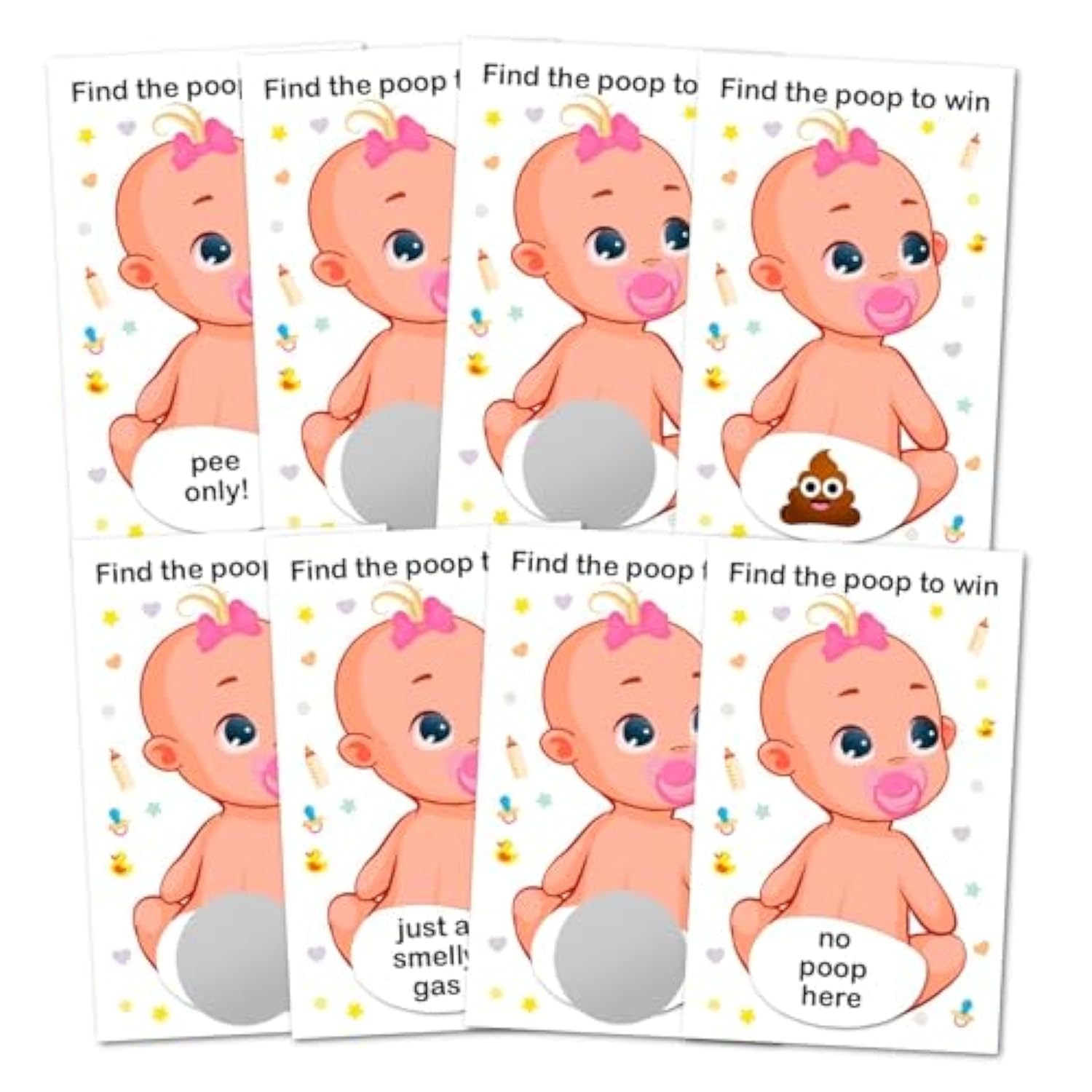 Baby Shower Girl Scratch Off Poop Game, Easy To Play Silly Games, Funny Idea, Ice Breaker Activity. Raffle Cards, Pink Pacifier, Set Of 40 Cards Made In Usa