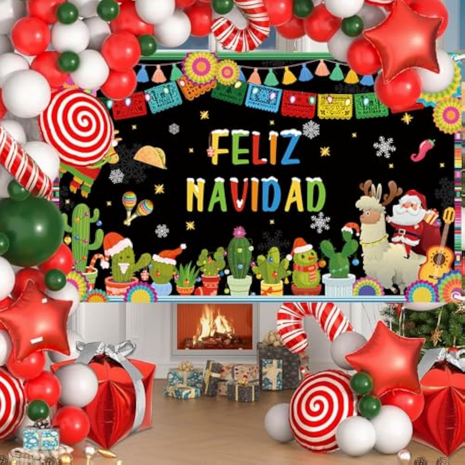Feliz Navidad Backdrop Banner, Mexican Merry Christmas Party Supplies, Santa Cactus Snowflake Christmas Party Decorations, Winter Xmas Fiesta Family Holiday Party Photo Props 70.8X43.3 Inch