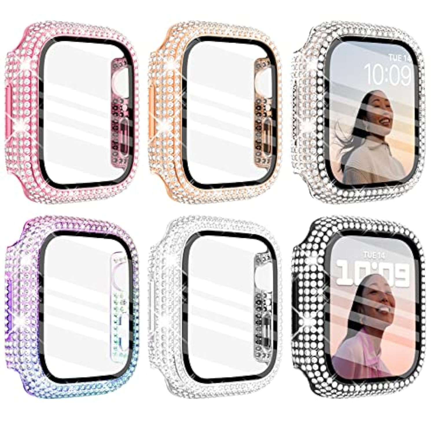 6 Pack For Apple Watch Case 41Mm Series 9 8 7 With Screen Protector, Over 400 Bling Crystal Diamond Apple Watch Face Cover Bumper With Tempered Glass Screen Protector For Women Iwatch 9 8 41 Mm