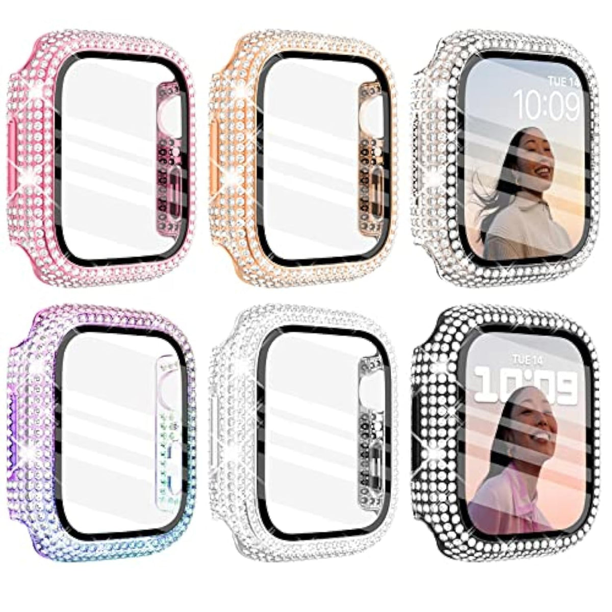 6 Pack For Apple Watch Case 41Mm Series 9 8 7 With Screen Protector, Over 400 Bling Crystal Diamond Apple Watch Face Cover Bumper With Tempered Glass Screen Protector For Women Iwatch 9 8 41 Mm