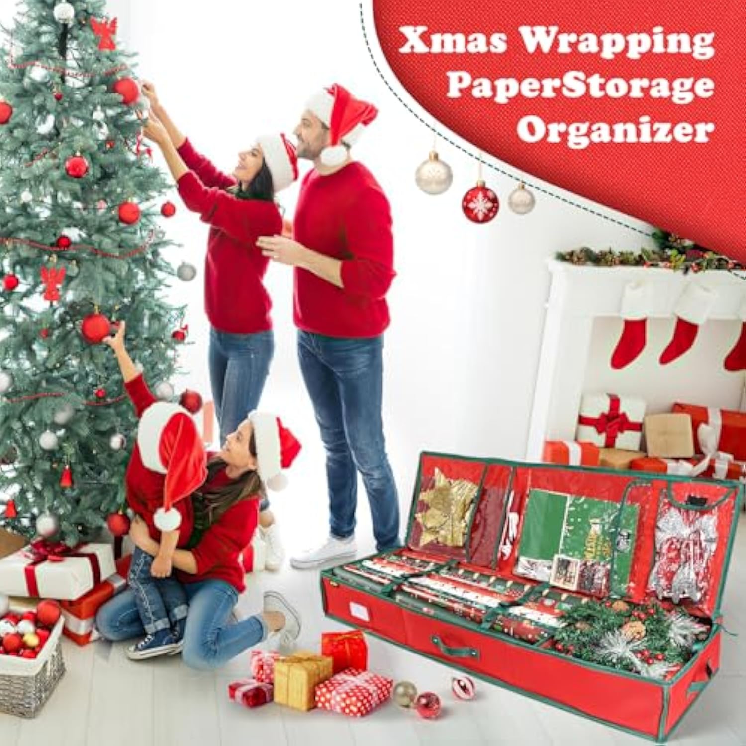 42'' Gift Wrap Organizer Christmas Wrapping Paper Storage Sturdy 600D Oxford Fabric Xmas Accessories Containers Bag Large Capacity Ornaments Storage Box (Red)