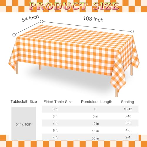 4 Pack Orange Gingham Tablecloths, 54 x 108 Inch Orange and White Checkered Plastic Table Covers, Disposable Rectangular Plaid Tablecloths for Picnic, Birthday, Camping, Wedding, Party Decor