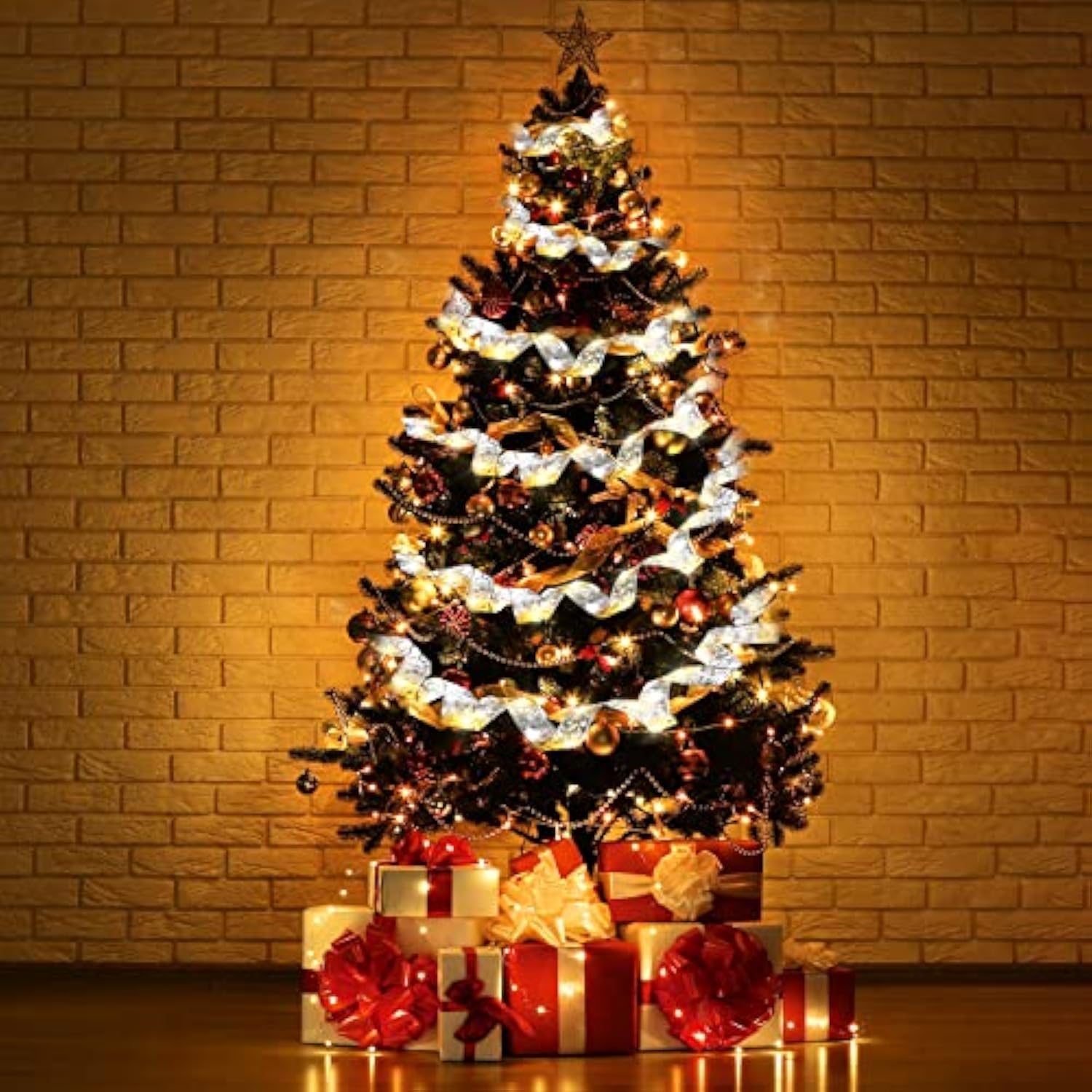 5 Piece 82Ft Christmas Ribbon Lights 250 Led Glow Ribbon Strings Lights Shining Ribbon Fairy Lights With Double Layer Co